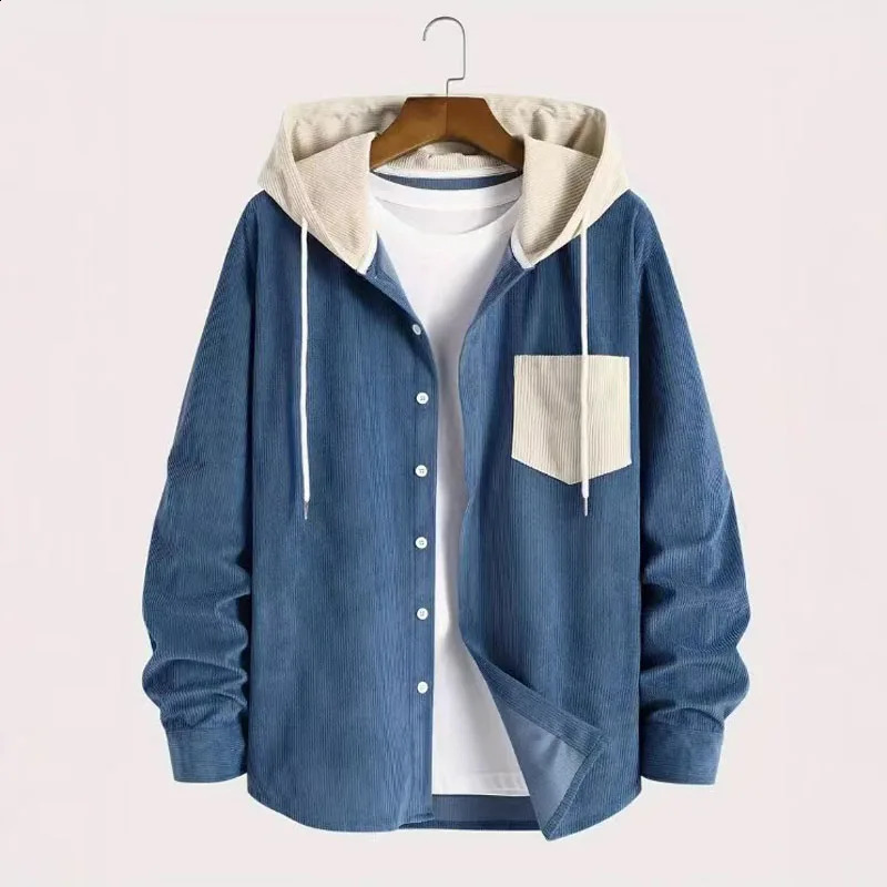 Spring Autumn Men's Corduroy Long Sleeve Shirt Casual Streetwear Pocket Splicing Color Hoodie Loose Tops for Men Coats 260917