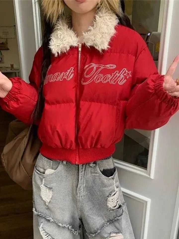 American Letter Christmas Red Parkas Women Vintage Y2K Streetwear Warm Puffy Coat Harajuku Faux Collar Slim Lady Hip Hop Jacket H260917