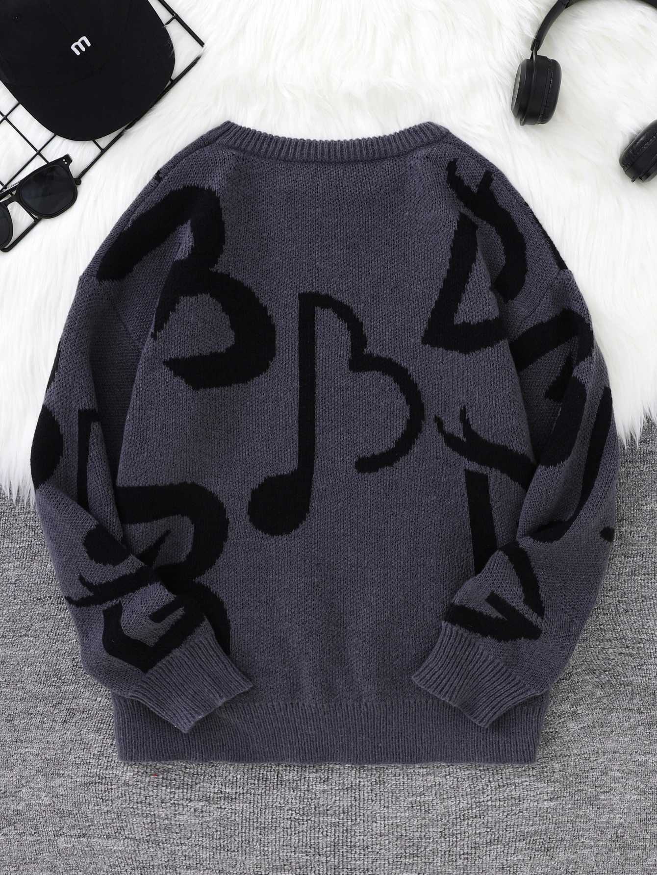 Winter Autumn and New Popular Letter Note Jacquard Pattern Pullover Sweater Casual Round Neck Contrast Color Knitted Men's Pullover J260916