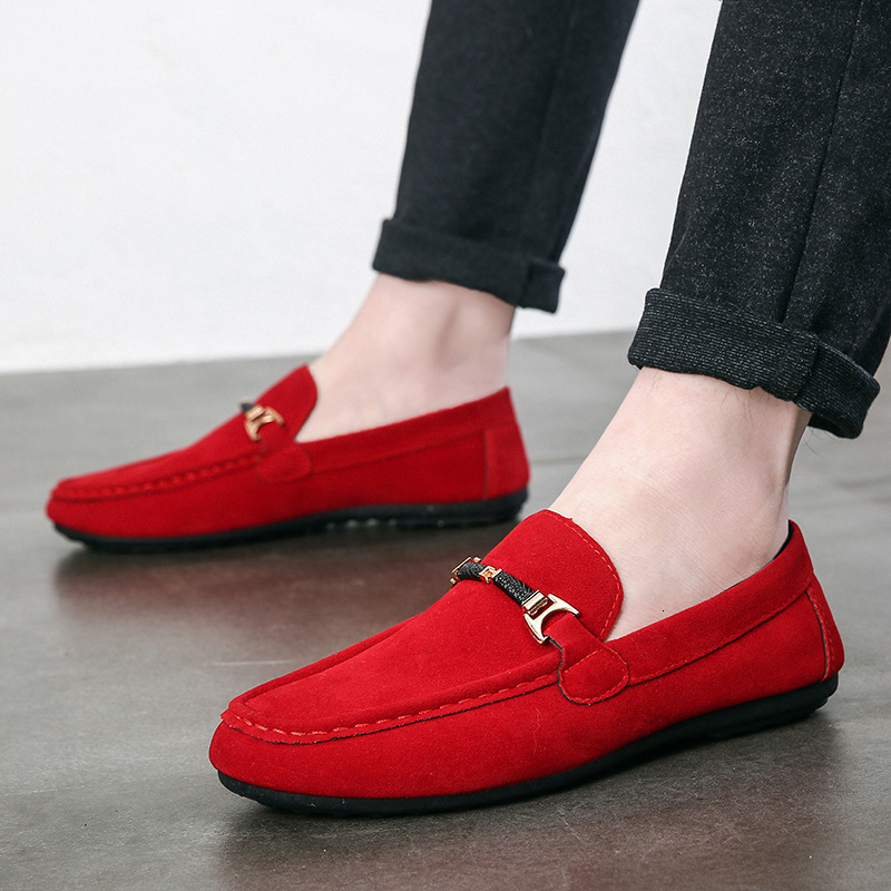 Men Bright Red Suede Penny Loafers Metal Buckle Slip On Lightweight Driving Casual Footwear