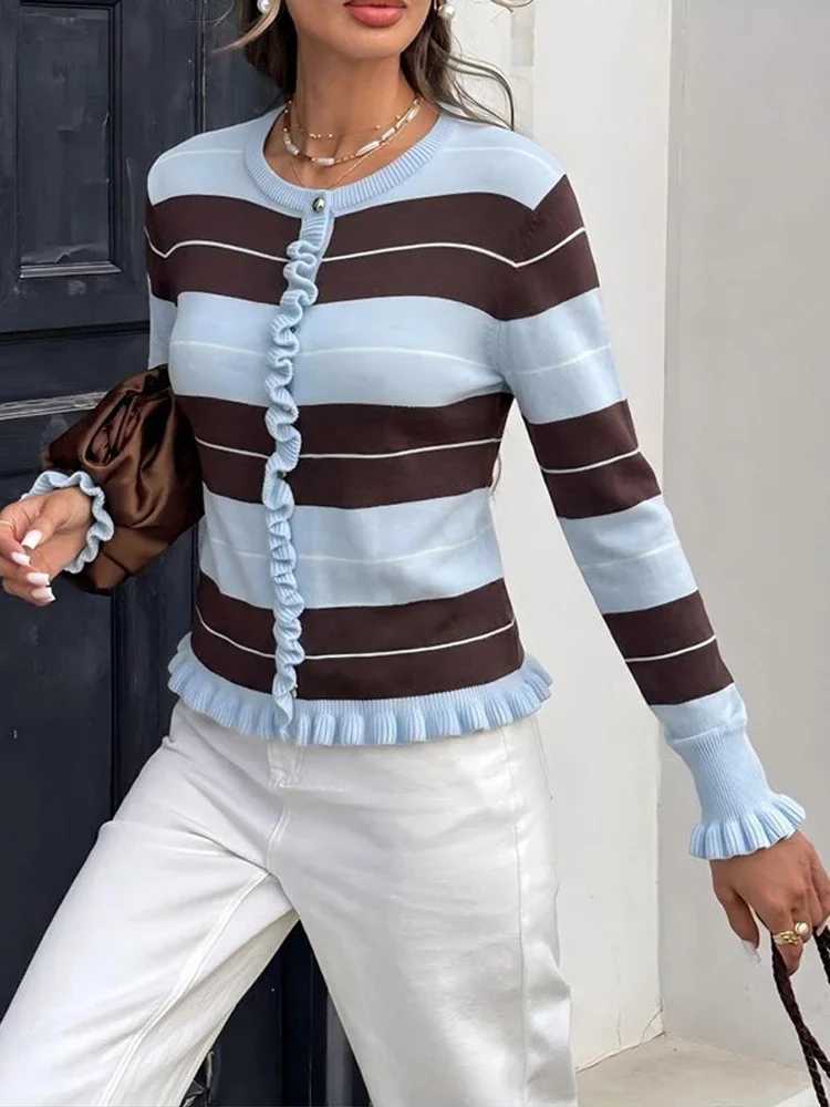 Color Block Women Sweater Striped Knit V-Neck Polo Collar Sweater Long Sleeve Slim Fitted Pullover Chic Retro Casual Elegant Top S2609171VPC