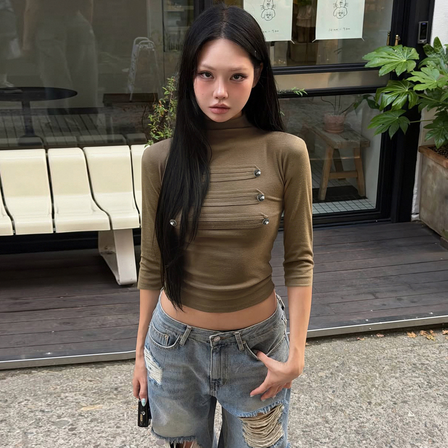 New modal slim-fit, half-high-neck Korean-style trendy T-shirt, street-style, chic, casual, mid-sleeve top for women fd