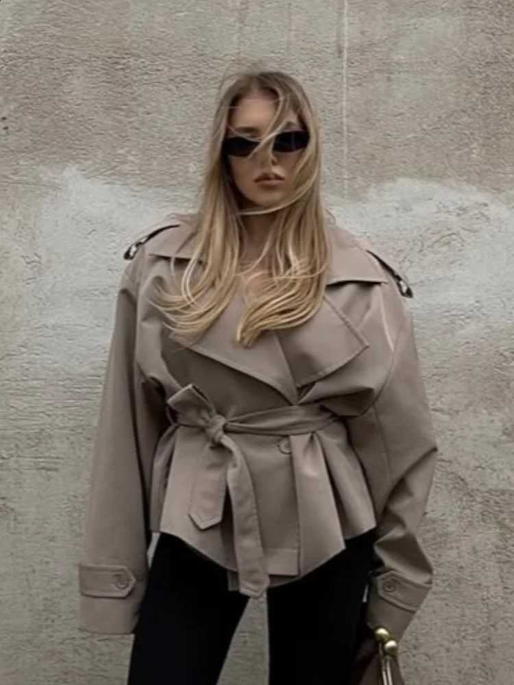 Trench Solid Belted Waist Short Coat Women Chic Wide Lapel Epaulet Detail Loose Long Sleeve Coats Fall Daily Commuter Outerwear D2609091