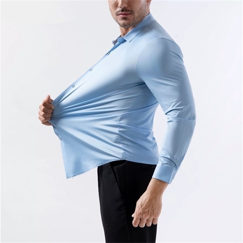 100KG Non-Iron Four-way High Stretch Men's Long Sleeve Shirt Silky Soft Sommth Blue Black Business Party Wedding Male Clothing 260916CJ