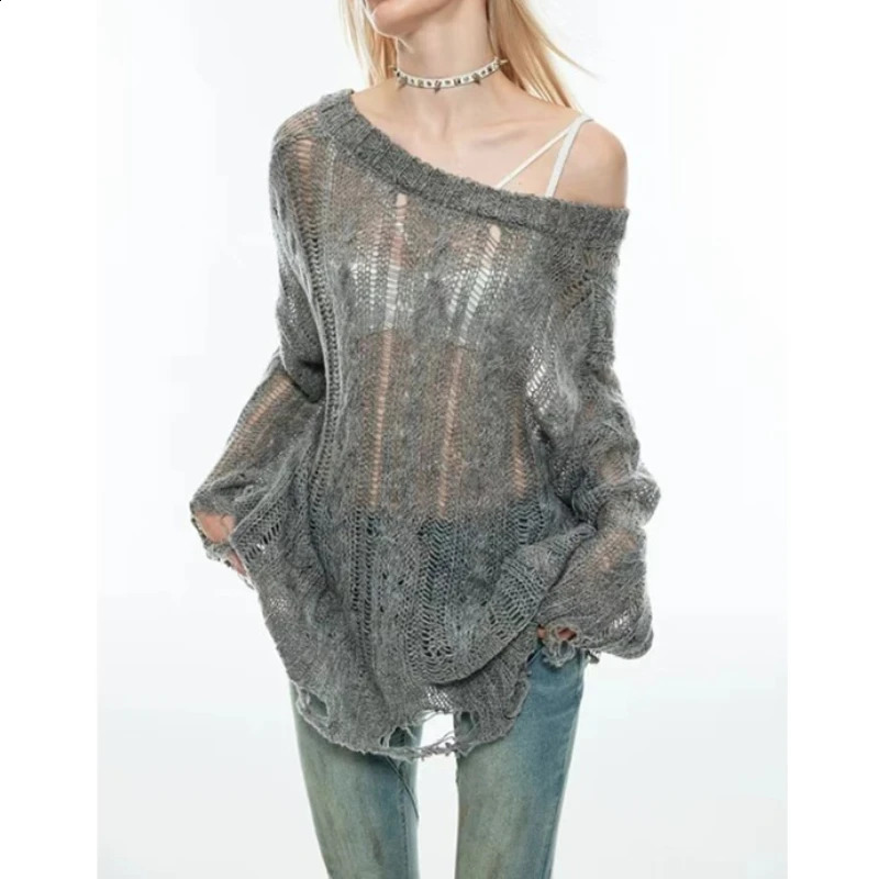 Distressed Sweater for Women See-through Openwork Knit Long Sleeve V-Neck Ripped Pullovers Teen-girl Y2K Grunge Outfit 260917