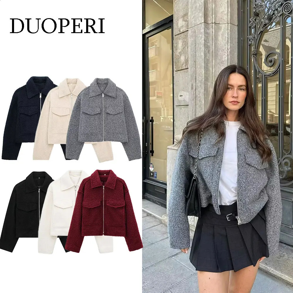 DUOPERI Women Fashion Winter Autumn Fleece Cropped Jacket Lapel Collar Long Sleeves Female Chic Lady Casual Short Outwear 260916