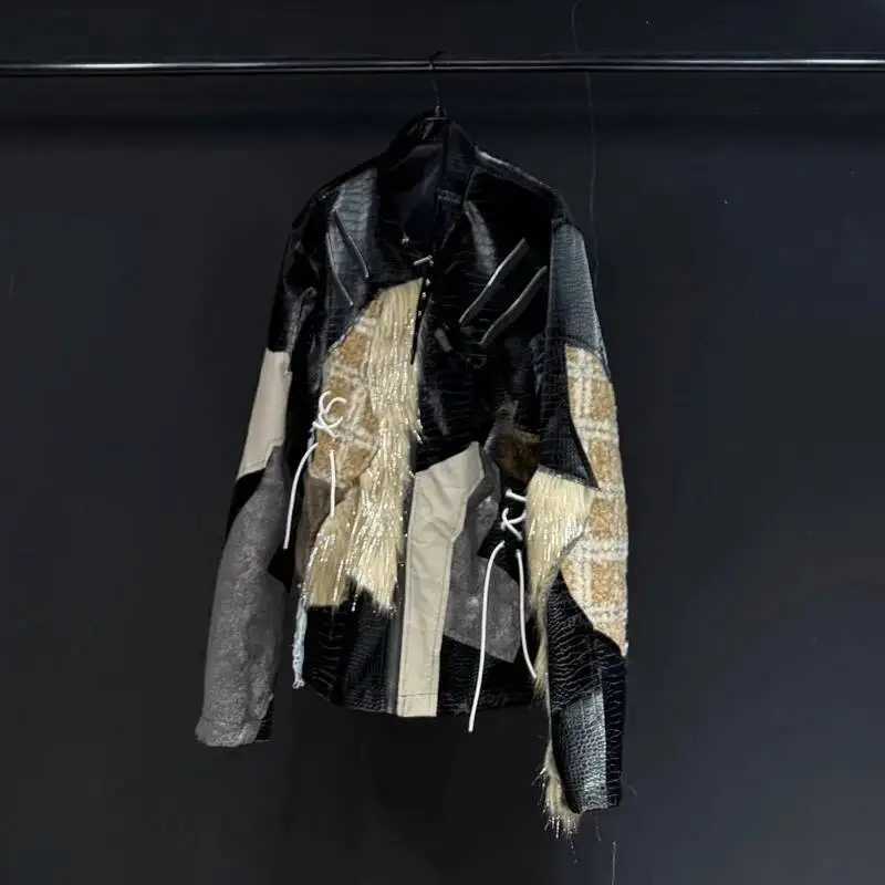 Jackets Men's High Trendy Street Patchwork Loose PU Leather Faux Fur Tassels Stand Collar Holes Male Zippers Coats XSD34 W260915
