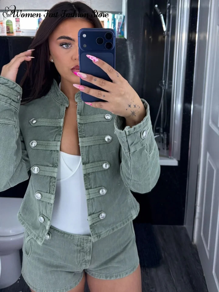 Vintage Single-breasted Coat Shorts Set 2026 Spring Ladies Slim Stand Collar Denim Jackets Short Pants Women's Sexy Outfits 260917