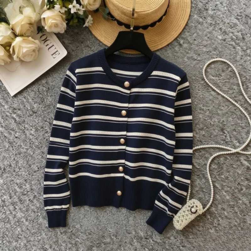 Knit Vintage Marine Women Cardigan Elastic Long Sleeve Hollow Stripe Pearl Button Navy Cropped Knitted Sweater Daily Outer Coat J260916