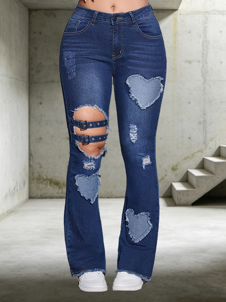 Cross-border 2026 European and American style hot-selling slimming heart-shaped patchwork ripped flared frayed hem metal buckle tie-up hollow-out je