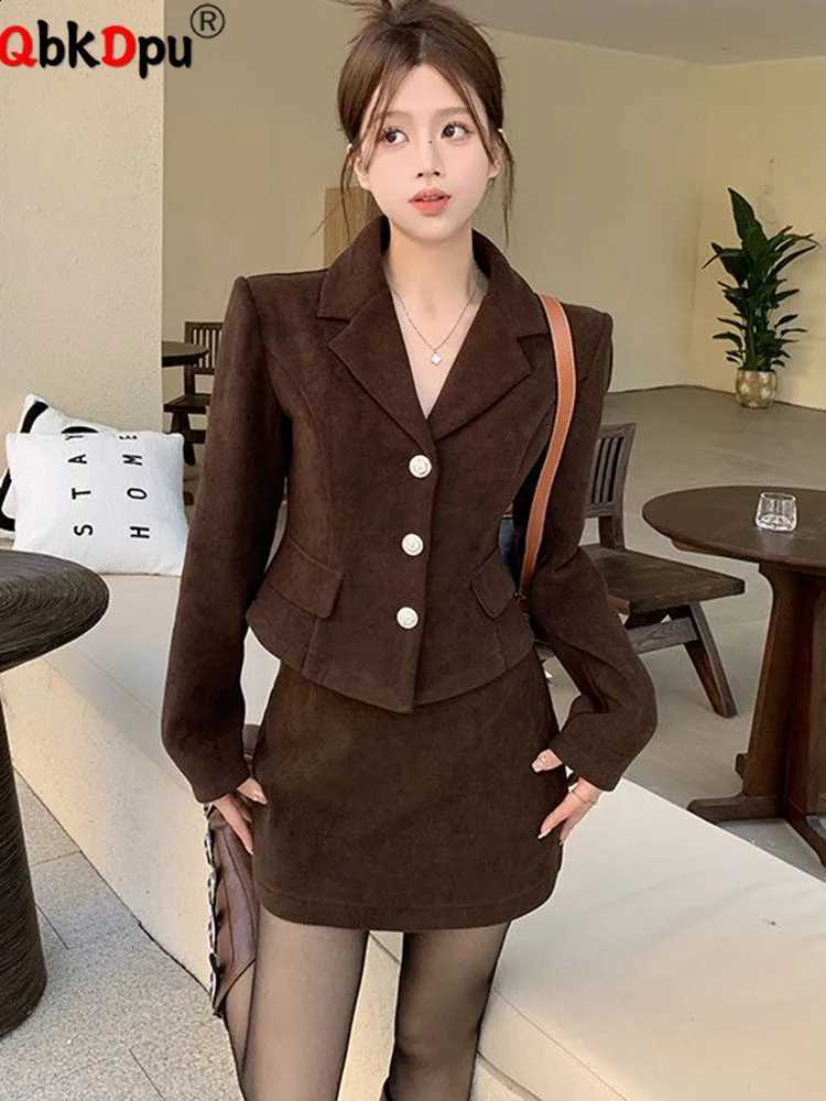 Slim 2 Elegant Piece Sets Women Lapel Neck Single Breasted Short Suit Tops Conjuntos Korean Fashion High Waist Skirts Outfit New C260917