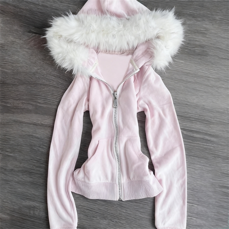 Millennial Y2K Vintage Spice Girl Slim Waist Pink Zipper Hooded Hoodie Jacket Female Autumn/Winter n Sense Woolly Hat260915