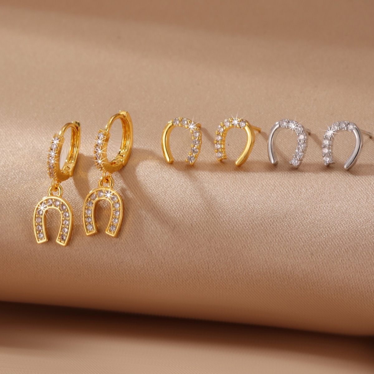 Luxury Brand Designer Jewelry Aliexpress Summer New Collection: High-End Metal Stud With Zircon Inlay, Gold-Colored Horseshoe Design, Simple And Ver