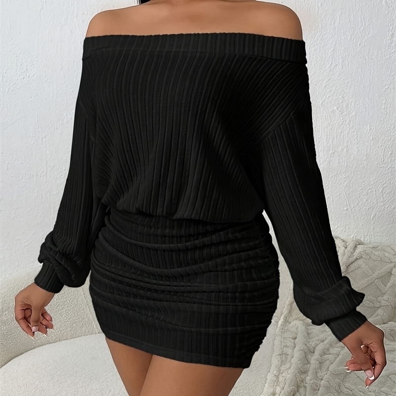 One-Shoulder Puffy Solid Color Casual Multi-Functional Long-Sleeved Knitted Dress 260916ww