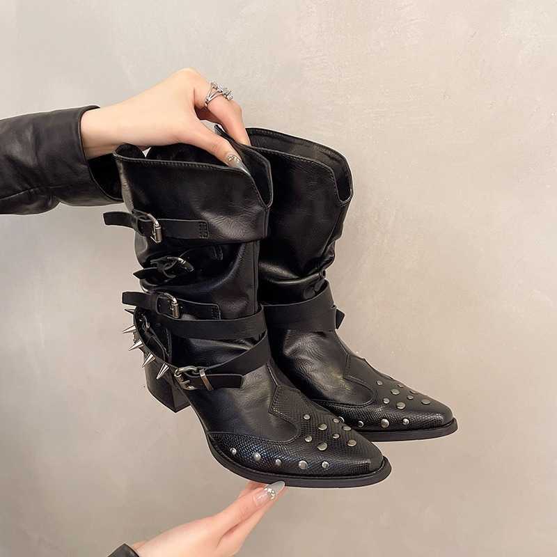 Women's High Heel Single Boots Four Seasons Pointed Sleeve Metal Anti-slip Wear-resistant Mid-calf Boots D260917