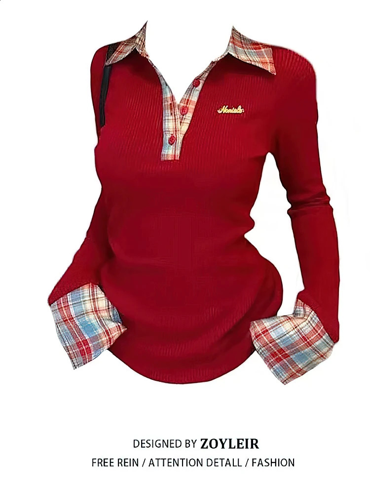 Preppy Polo Neck Plaid Long Sleeve Layered T Shirt Women Two-piece Basic Top V Neck Button Blouses Tees Embroidery 260917