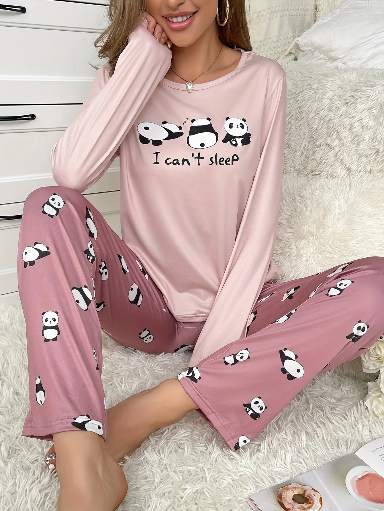 Women's style pajamas set Cute Panda long sleeve pants two-piece casual home wear 260917