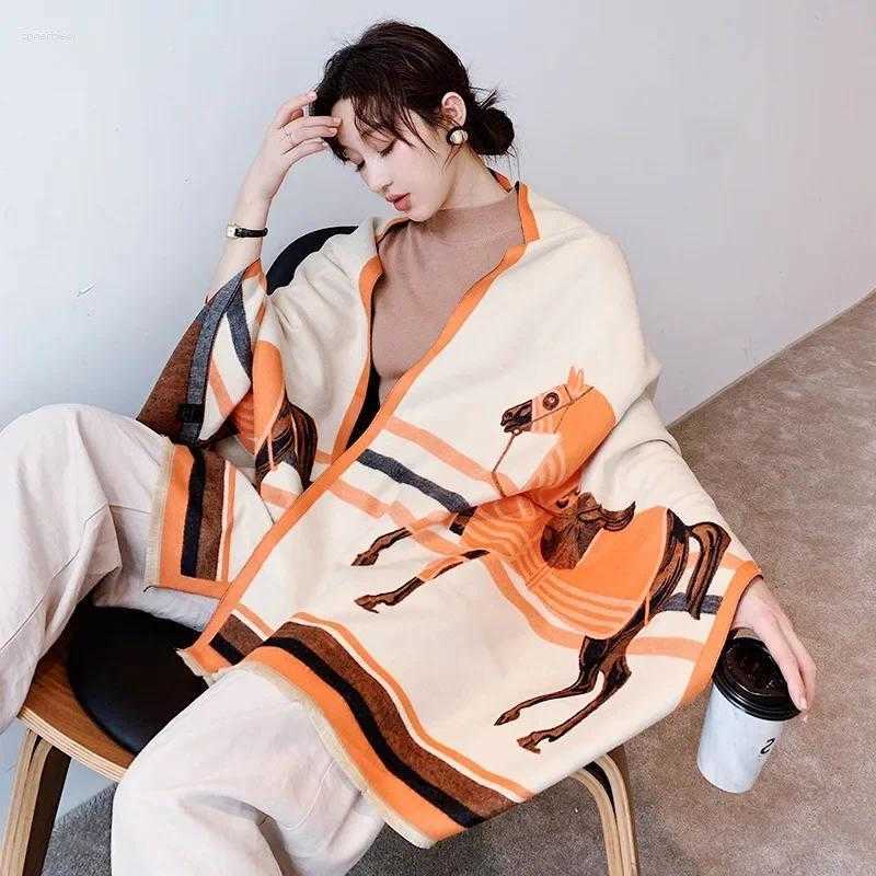 2024 Scarves Thick Cashmere Winter Scarf Pink Grey Horse Print Warm Foulard Lady Soft Bufanda Shawls Wraps S260917XJHF
