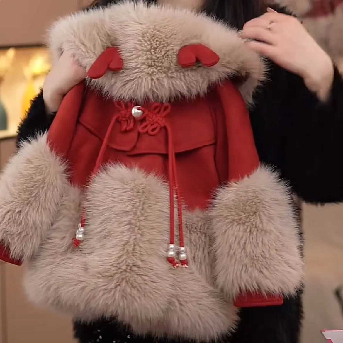 Warm Long Jackets Red Winter Cotton Coats Cute Girls Baby Plus Velvet Thick Kids Artificial fur Lapel Outerwear Children Coat J260917