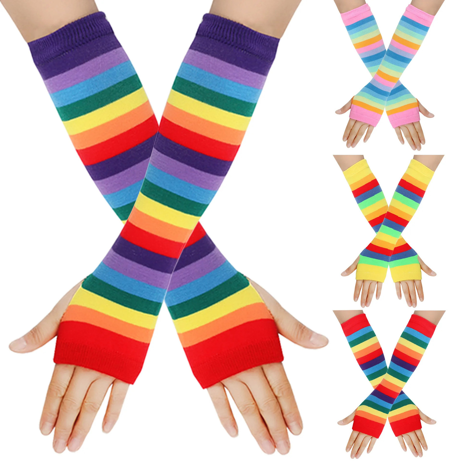 Rainbow Long Sleeve Woman Winter Arm Warmers Knit Cuffs Gloves Colorful Striped Sleeves Holiday Party Arm Cover Cosplay Gloves260915
