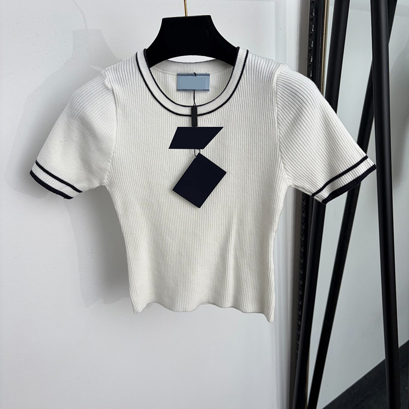 Women Ribbed Knit Crop Top Designer Contrast Trim Crew Neck Slim Fit T Shirt Summer Street Style Tees