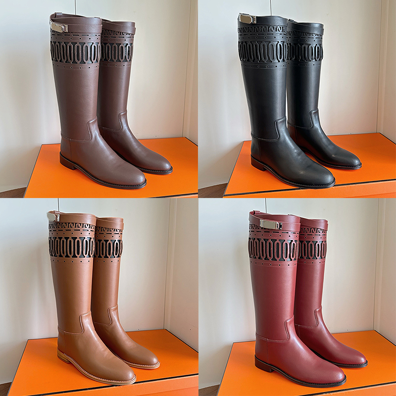 Womens Suede Goatskin Jumping Shorter Boot Designer Permabrass Plated Buckle Knee High Riding Boots Luxury Hollow Cutout Decor Flat Heel Round Toe L