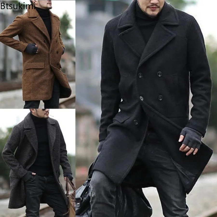 Men's Autumn Winter Wool Overcoat Casual Pocketed Wool Blend Lined Lapel Clothes Double Breasted Elegant Jackets Male Clothes 260916