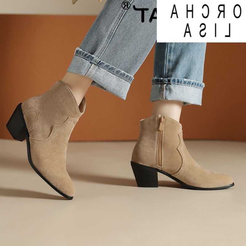 ORCHA LISA Female Ankle Boots Flock Suede Pointed Toe Block Heels 6cm Zipper Large Size 45 46 47 48 Leisure Daily Western Bootie D260917