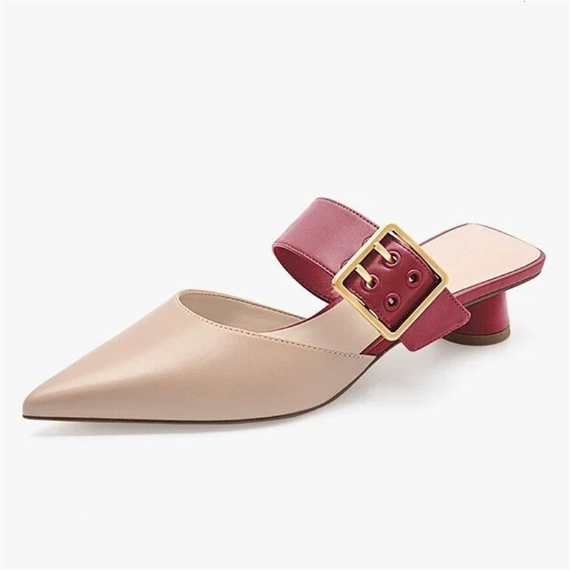 2026 Traf Belt Buckle Slippers Women Med High Heels Shoes Mix Color Leather Sandals Ladies Pointed Toe Slides Slip On Flip Flops 260917