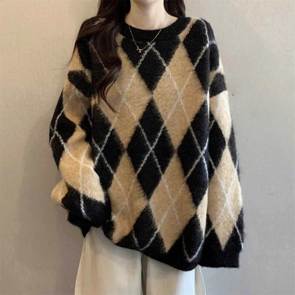 Pullover Retro Contrasting Grid Sweater for Women's Autumn and Winter New Loose Knit Sweater Top J260916