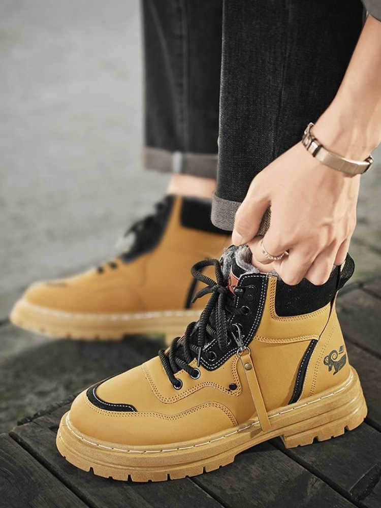 Men's Motorcycle Work Wear Thickened Fleece Lined Cotton Boots Snow Winter British Lace Up Cotton Shoes Slip Resistant D260917