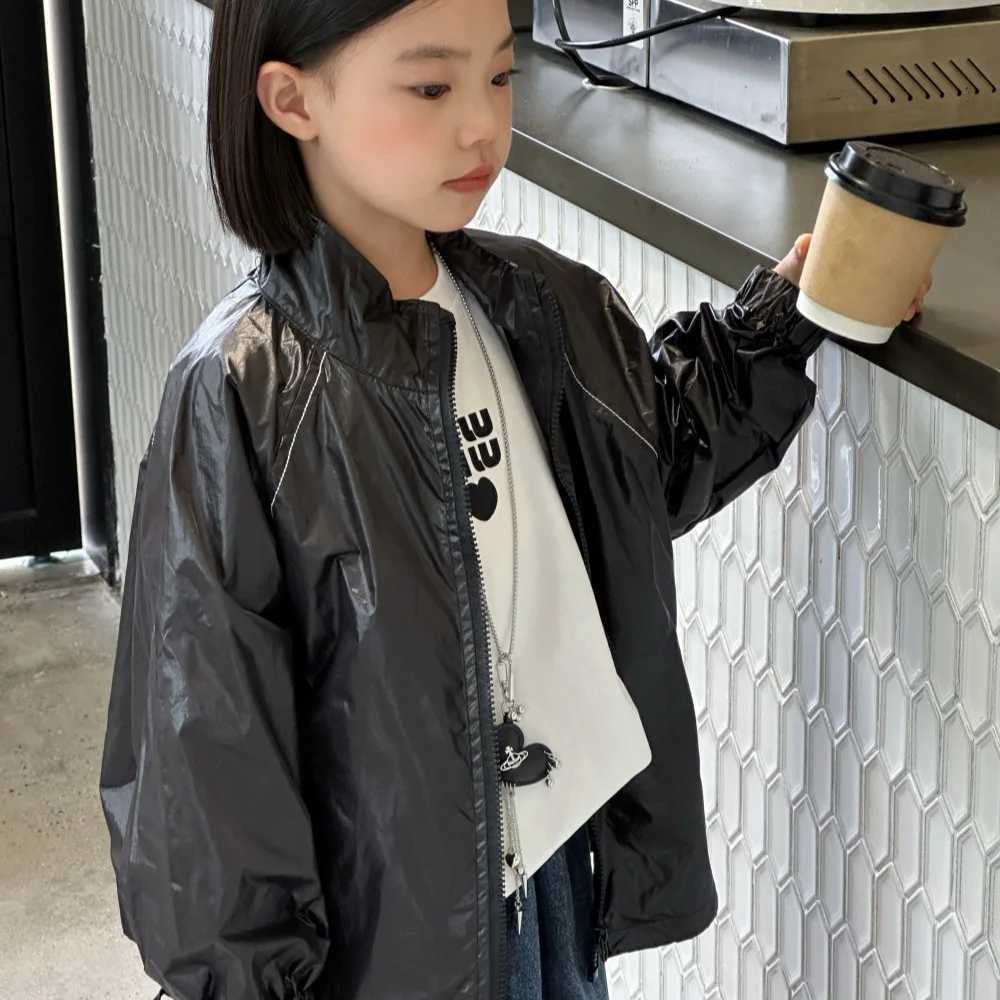New 2026 Autumn Girls Coat Children Korean Embroidered Letter Coat Girls Trendy Cool Turn-down Collar Jacket TrendyT260916