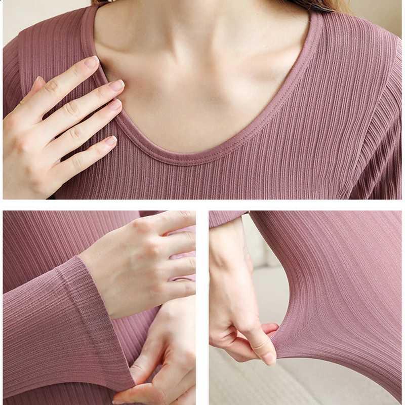 2 Pcs Women Vertical Stripe Thermal Underwear U Neck Slimming Long Johns High Elastic Soft Skinny Winter Base Layer Thermo Suit H2609161