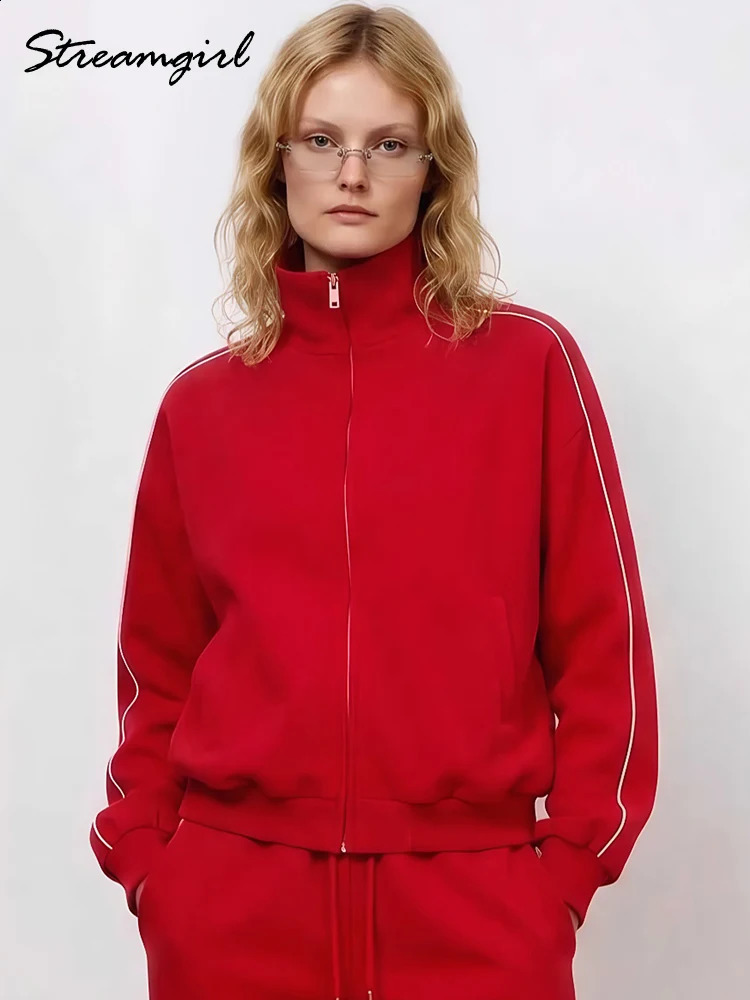 Autumn Zipper Oversize Sweatshirts Women No Hoodie Cotton Red Outdoor Sport Jackets Stand Collar Blue 260917