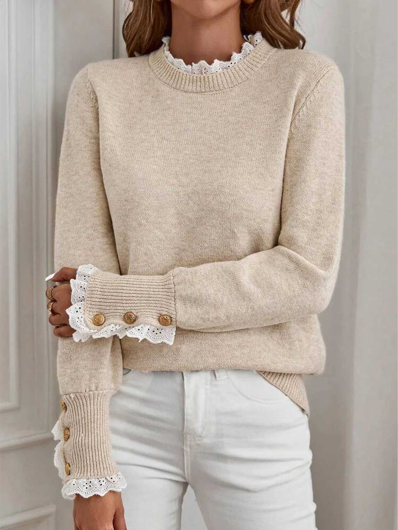 Women's Long Sleeve Knitted Sweater Lace Decoration Round Neck Autumn Winter Warm Fashionable Casual Knitwear X260916