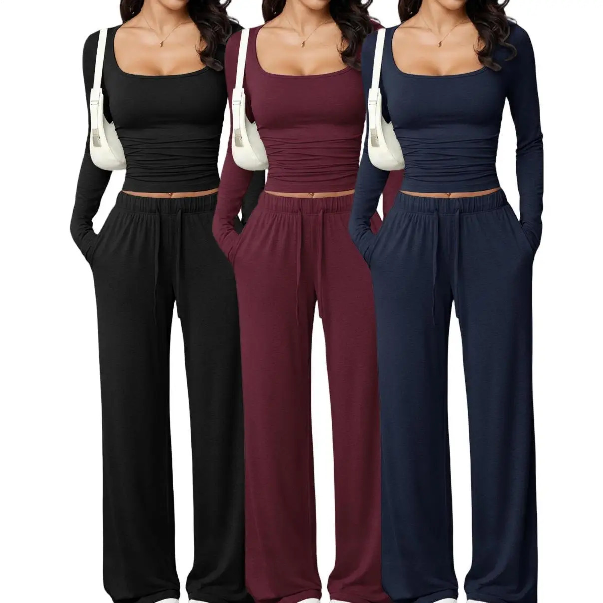 Uneck Low Cut Sexy Matching Sets Women Autumn Winter Slim Gym Long Sleeve Tees Tops Pants Y2K Homewear 2 Pieces Set Woman Cloth 260917