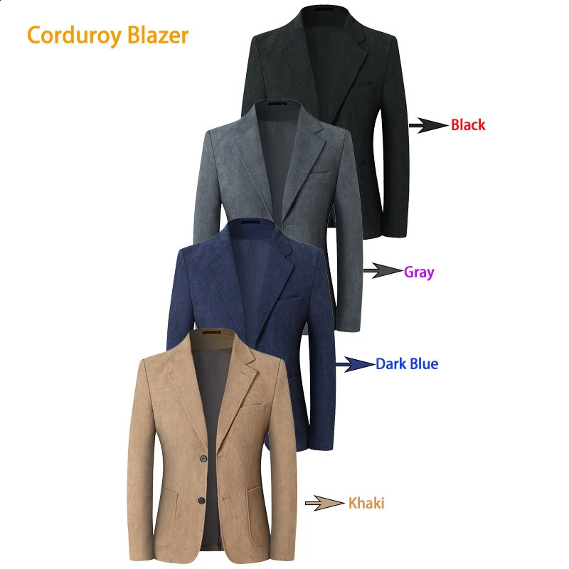 KhakiGray Corduroy Blazers for Men MultiColor Back Split Casual Business Mens Suit Jacket Asian Sizes M5XL 260917