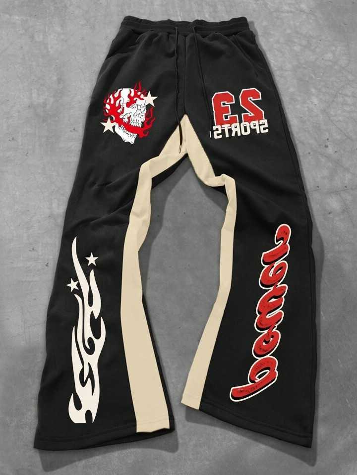 Quick Summer Unisex Dry Flare Pants Skull Flame 23 Number Print Color Block Hip Hop Streetwear Drawstring Loose Casual TrousersT260917