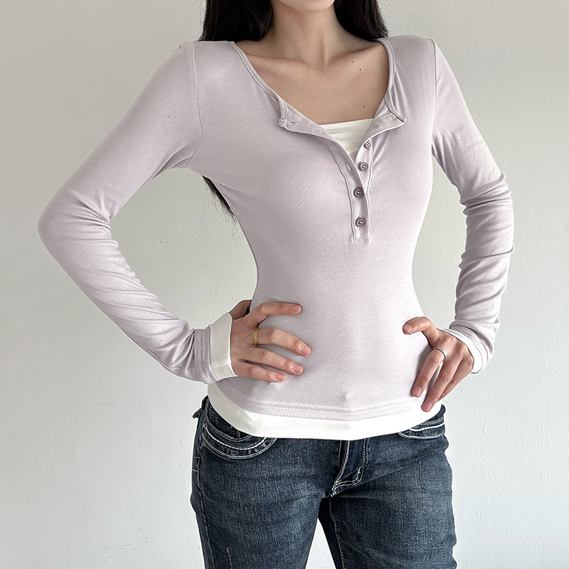 Fake Two-Piece Patchwork Color-Block Long Sleeve T-Shirt for Women, Autumn Slim Fit Base Shirt with Design Sense, Elegant and Versatile Top 1f