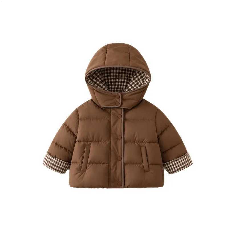 New Winter Hot Selling 2026 Children's Trendy Coffee Color Spliced Plaid Hooded Simple Cotton Jacket J260917