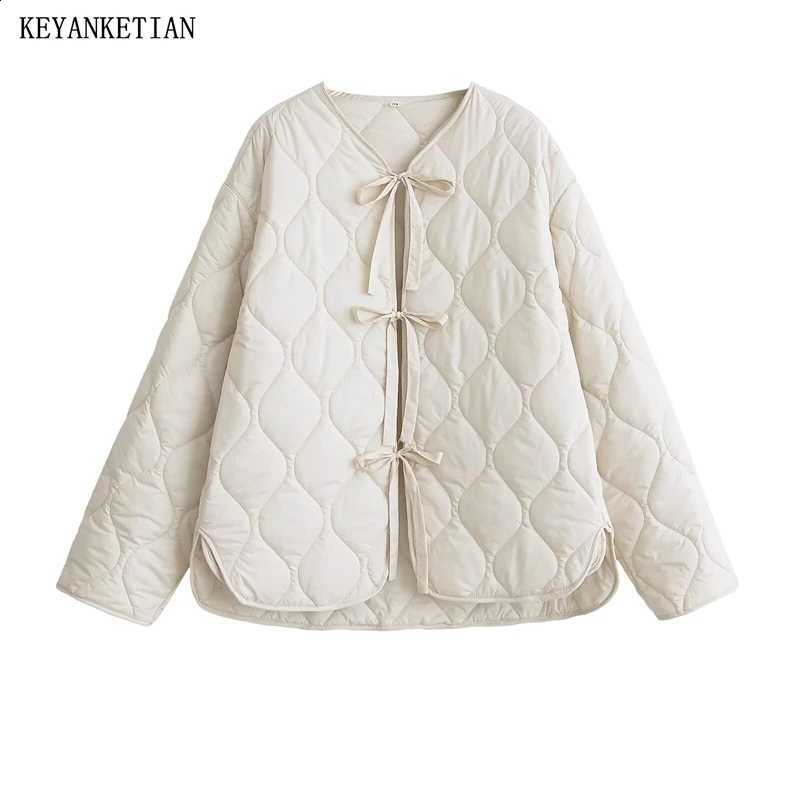 KEYANKETIAN 2024 Autumn/Winter New Women's Bow Lace-up Quilted Cotton Jacket Leisure style Asymmetrical Loose Thin Outerwear H260917