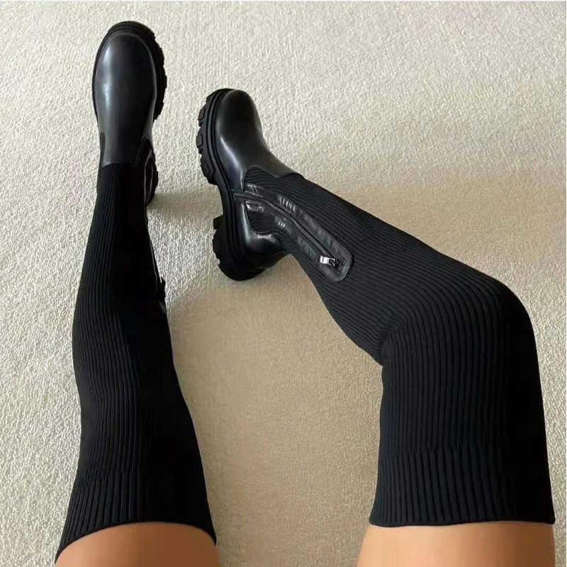 Boots Women Thick 2024 Sole Autumn Winter Breathable Knitting Sock Ladies Thigh High Boots Stretch Round Toe Shoes Plus Size 43 D260917
