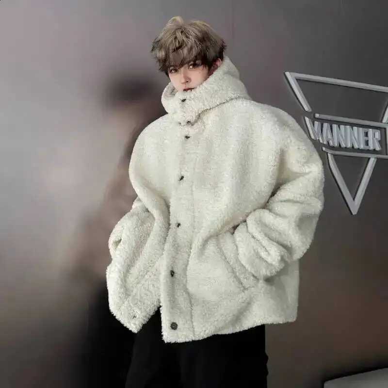 Fur Hooded Faux Lamb Wool Male Jacket New Fashion Solid Color Single Breasted Male Short Shearling Coat Autumn BVGY6 W260915