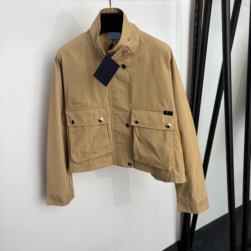 Designer Big Pocket Cargo Jacket Women Stand Collar Cropped Utility Trench Coat Spring Autumn Street Style Vintage Windbreaker
