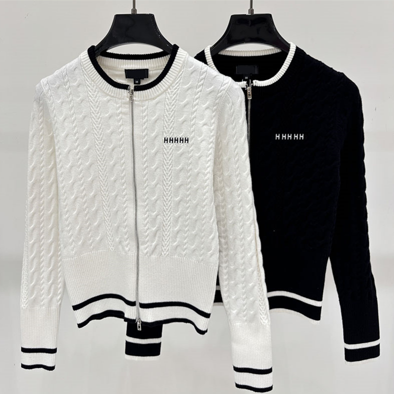 Designer Women Jacquard Knit Cardigan Crew Neck Long Sleeve Striped Trim Cropped Slim Fit Jacket Autumn Sport Commute Sexy Zipper Sweater