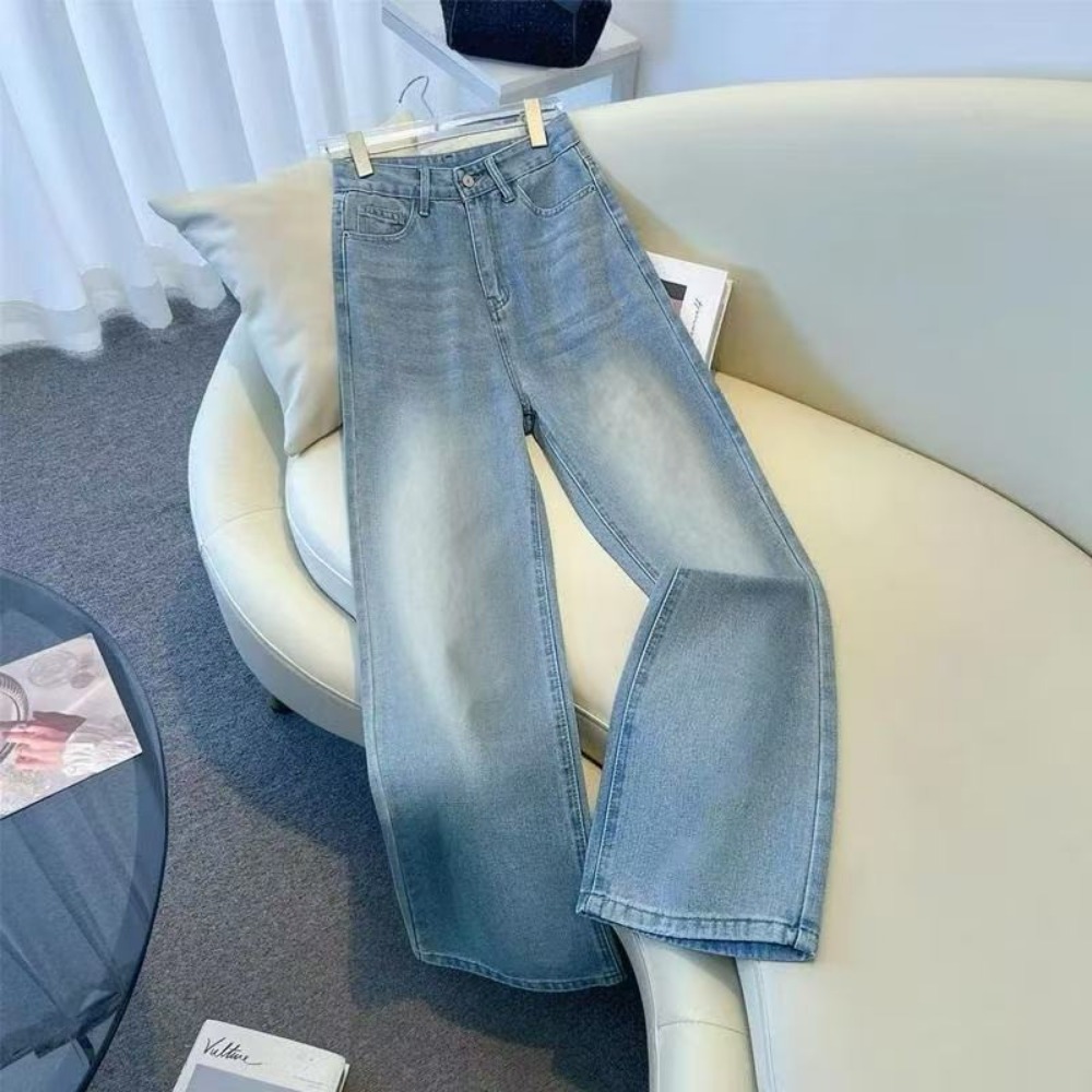 Large Size Blue Straight Jeans Women's Autumn and Winter Trend Loose Wide Leg Pants