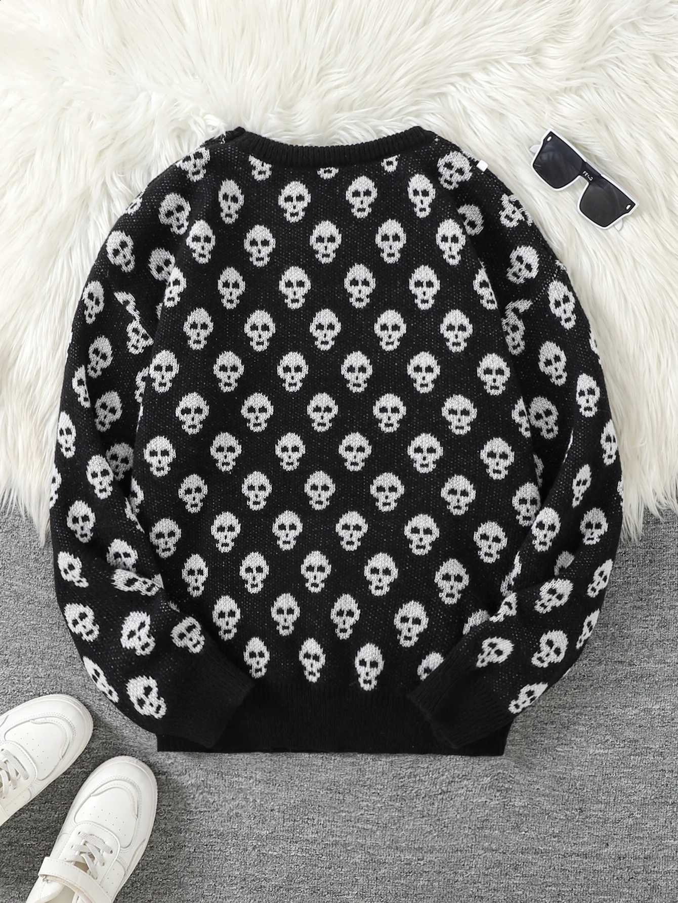 Skull Winter All-Over Autumn and Jacquard Pattern Pullover Sweater Casual Round Neck Knitted Men's Pullover Halloween Gift J260916