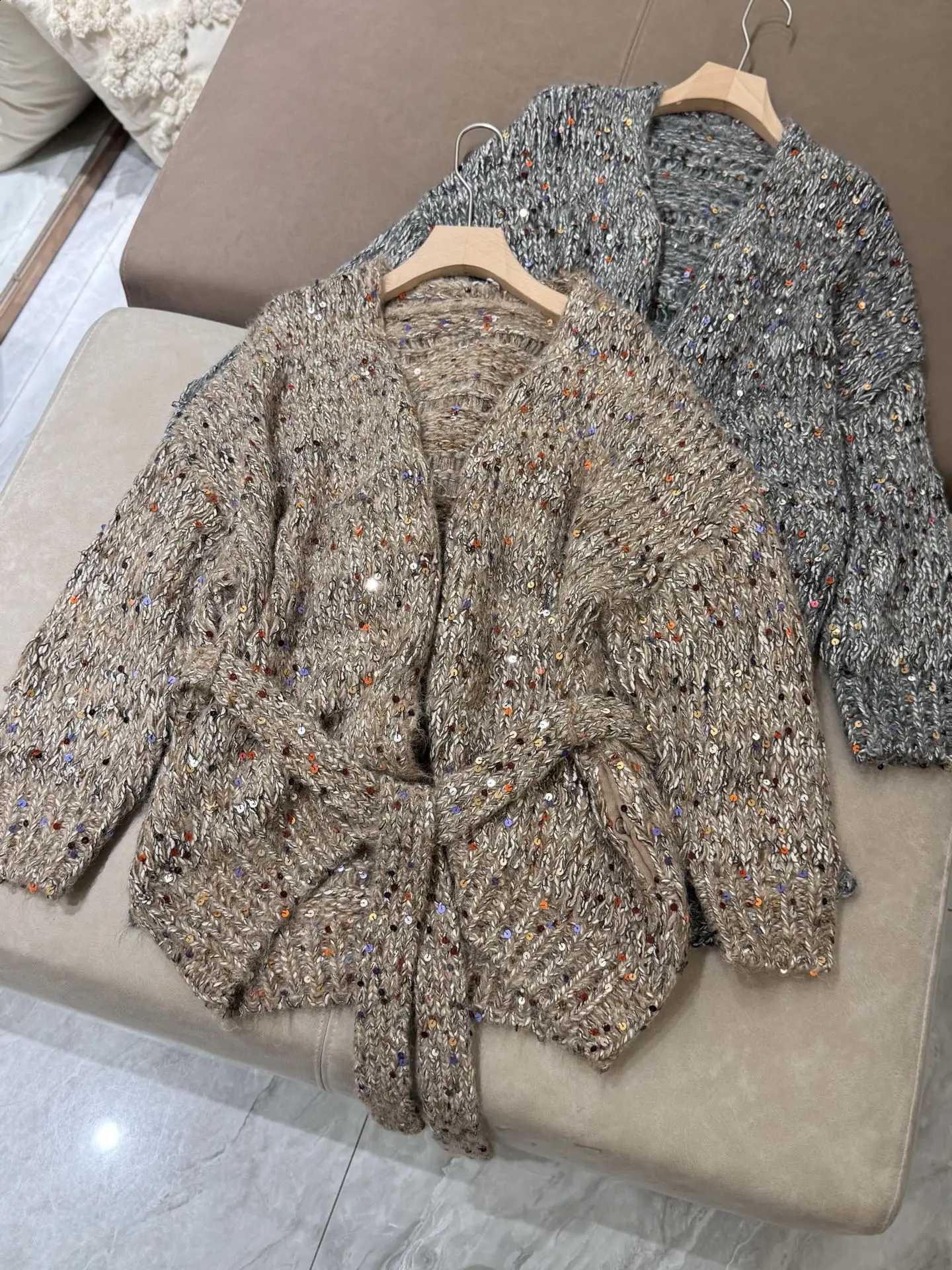 Sequined Sparkling Knit Colorful Cardigan Mohair Wool Long-Sleeved Straight Coat J260916