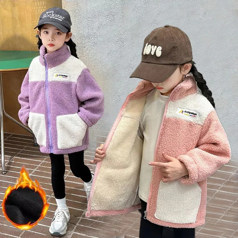 LambWool Warm Jackets For Girls Children Autumn Winter Outerwear Kids Plus Velvet Coats Teenager Fashion Padded Clothing260916