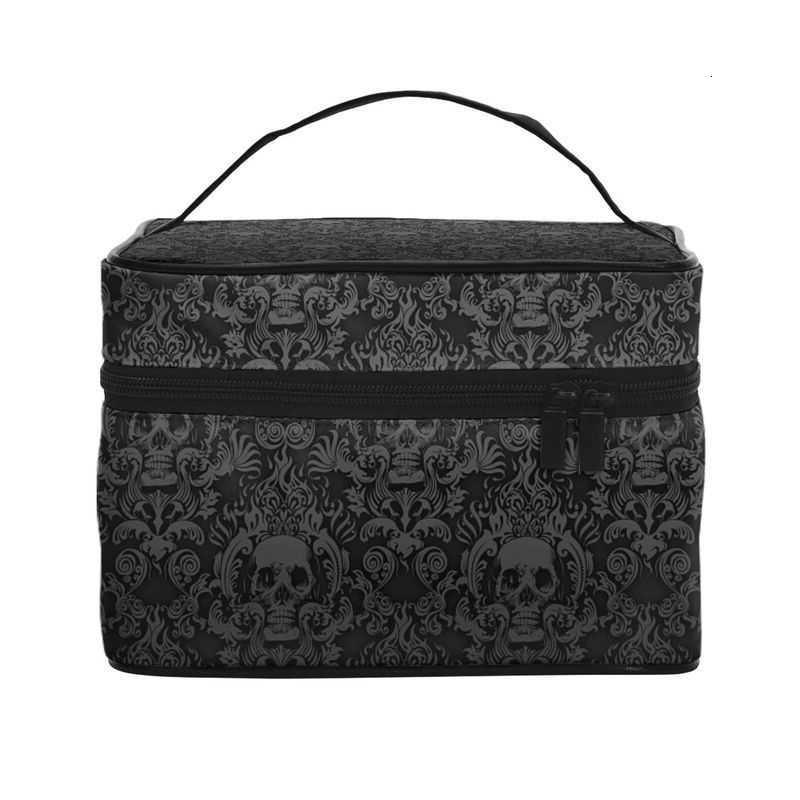 Black Skull Gothic Damask Pattern Large Makeup Bag Carrying Portable Zip Toiletry Bags Cosmetic Cases Gift for Girls WomenT260917